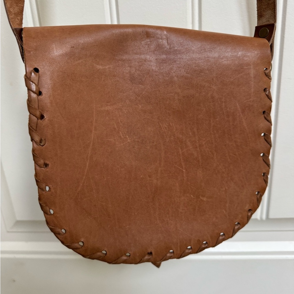 Handmade Leather Floral Embossed Crossbody Mini Saddle Bag. 8” by 7.5” by 3” - Picture 5 of 6